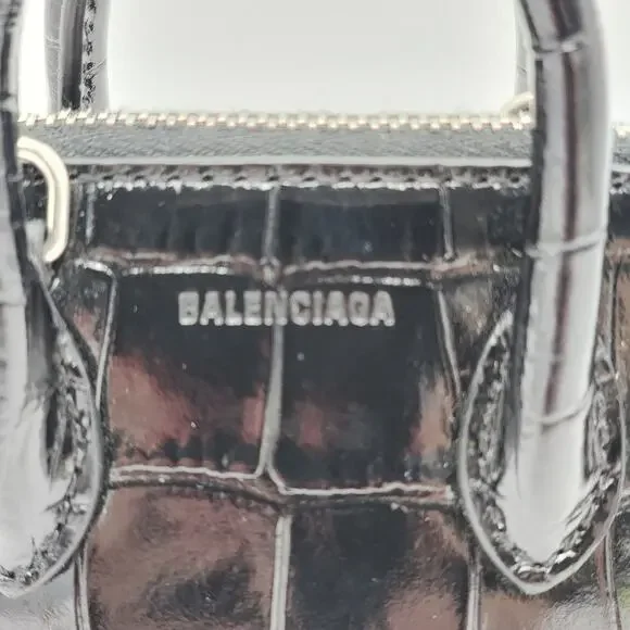 BALENCIAGA Black Calfskin Logo Crocodile Embossed Mini Ville Top Handle Bag XXS - Picture 10 of 16
